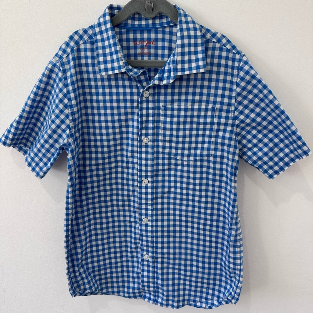 Cat & Jack Boy’s Blue and White Cotton Checkered Button-Down Shirt - M(8/10)